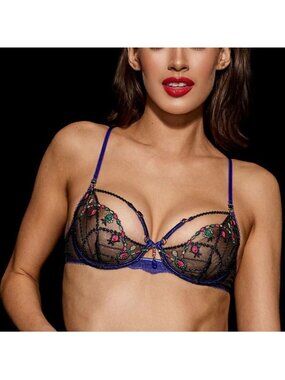 Honey Birdette Leah Embroidered Sheer Underwire Bra Dark Blue 34G NWT